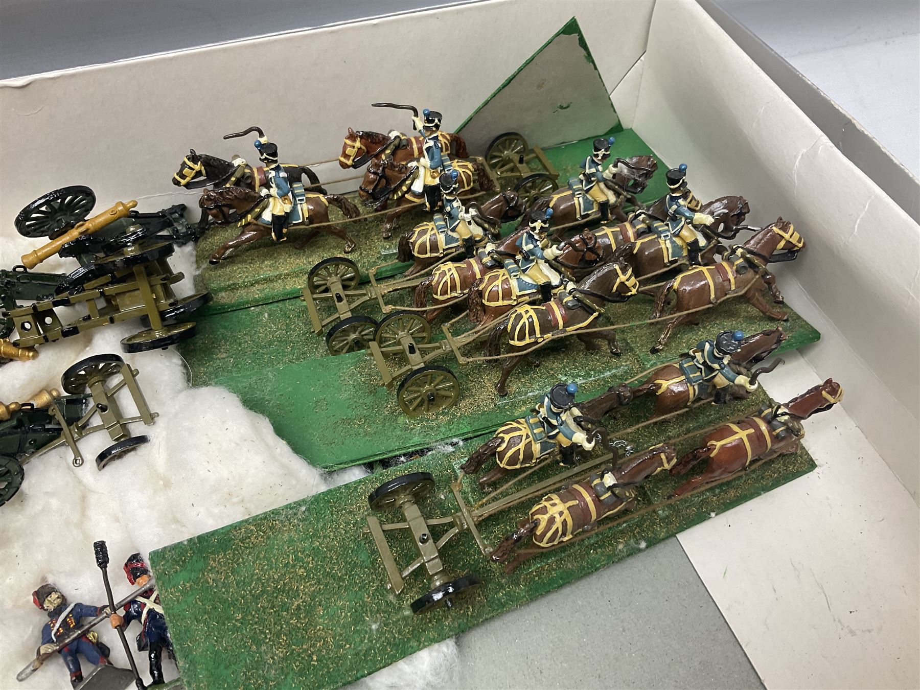 Painted metal wargame figures - over four hundred and sixty including Napoleonic, Dragoons, Line, horse-drawn and other Artillery, mounted etc; individuals and ranks of two, three and four; various scales including 20mm, 25mm etc