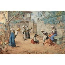 Giuseppe Riva (Italian 1834-1916): Italian Ladies in a Roman Courtyard, watercolour signed...