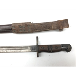  WW1 U.S Army Remmington bayonet, 1917 issue, 42.5cm sinle edge fullered blade stamped U.S X with proof marks and circled W, twin screw wooden slab grip, L55cm in leather sheath with frog, and a WW2 No.4 lll B7/41 Gas Mask with outfit Anti-Dimming Mk.V, canister a Australian Military Forces button etc in green canvas case marked Vl M&Co.1941, inked F.W.Glanville, with a copy photo. of Mr Glanville with comrade in the Home Guard, qty   
