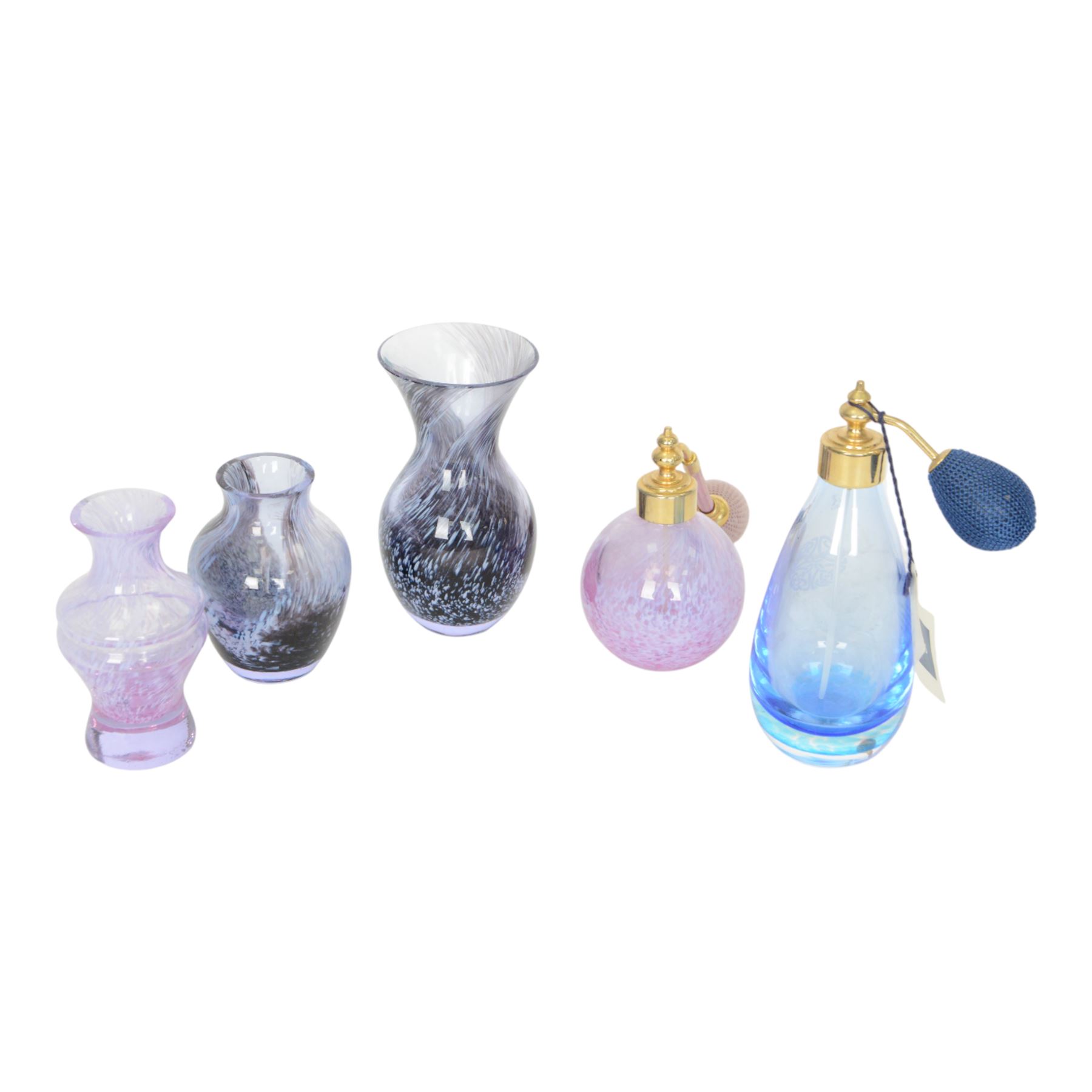 Four Caithness perfume bottles, together with seven Caithness vases 