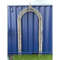 Painted metal and scrolled wire work garden arbour, pointed arched form with finial - THIS LOT IS TO BE COLLECTED BY APPOINTMENT FROM DUGGLEBY STORAGE, GREAT HILL, EASTFIELD, SCARBOROUGH, YO11 3TX