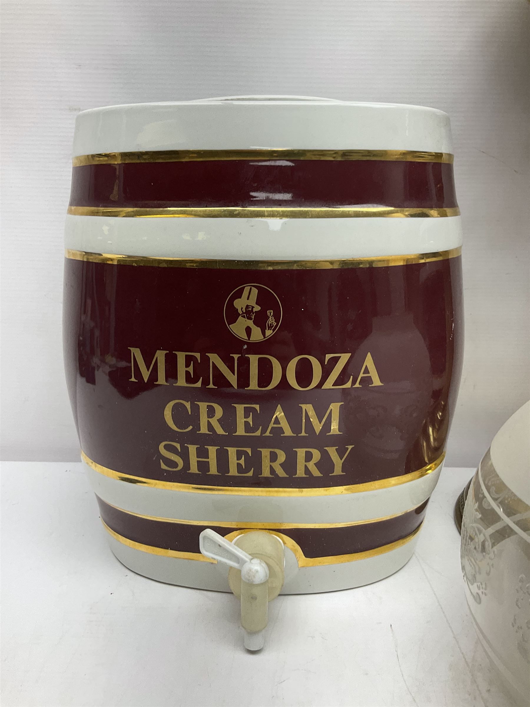 Two Mendoza ceramic barrels, one for whiskey and one for sherry,  together with ao oil lamp, barrel H30cm