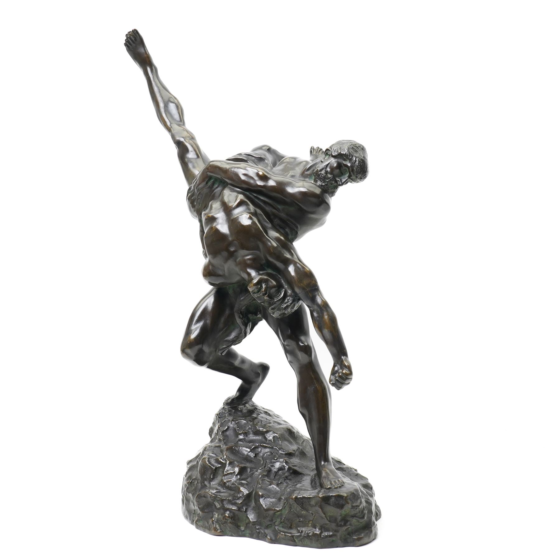After Jef Lambeaux (Belgian 1852-1908): 'The Wrestlers' (Les Lutteurs), early 20th-century bronze group depicting two Hellenic classically nude male figures engaged in a violent athletic struggle or pankration event, on a naturalistic base signed, H63cm
Notes: the composition may plausibly be interpreted as Hercules and Antaeus, the mythological combat in which Hercules overcomes Antaeus by lifting him from the earth, thereby depriving him of his strength
