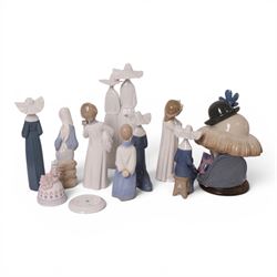 Six Lladron figures including Pensive Clown 5130, White Nuns 4611, Girl with Lilies Sitting 4972 etc together with three similar models 