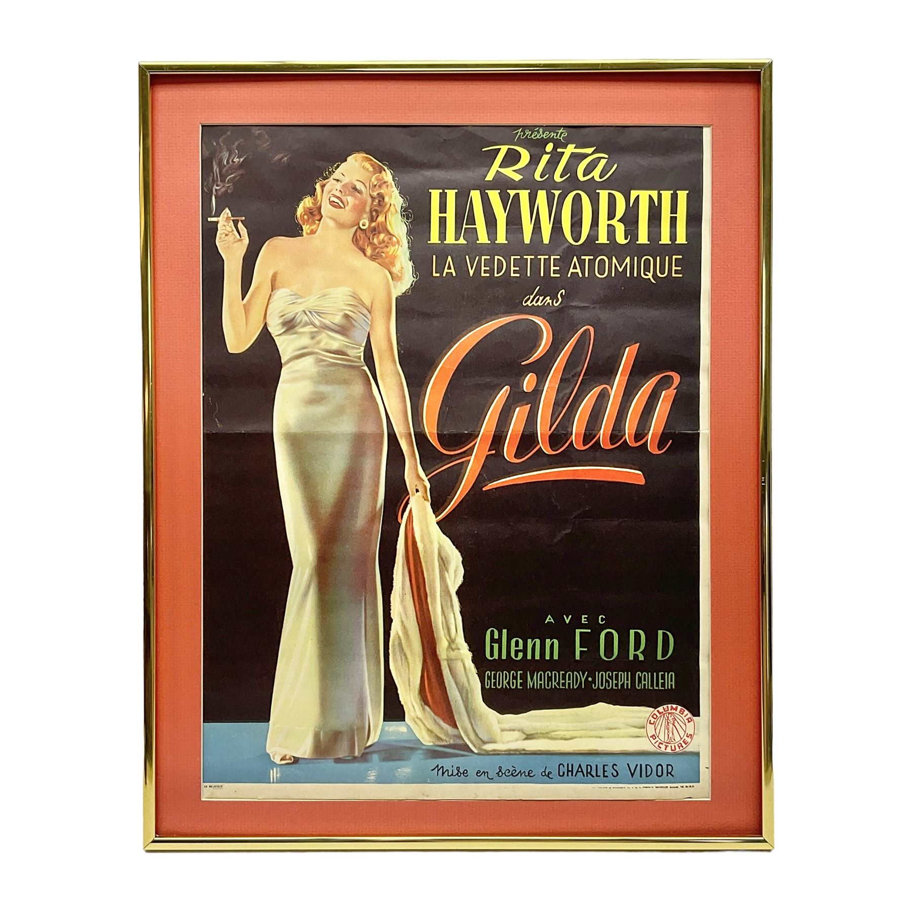 Columbia Films 'Gilda' film poster, starring Rita Hayworth and Glenn Ford, framed, poster 47cm x 35cm