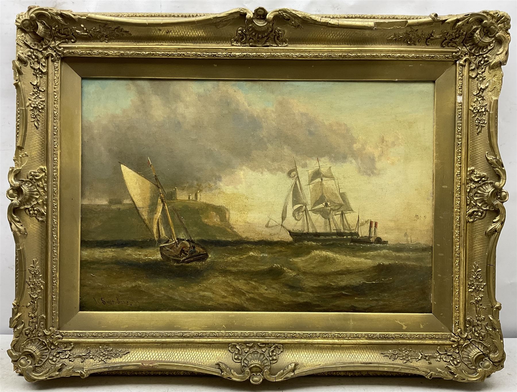 John Syer Jnr. (British 1846-1913): Sail and Steam Boats off Tynemouth Priory, oil on canvas laid on to panel signed and dated '77, 40cm x 60cm