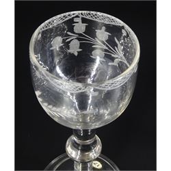 Mid 18th century drinking glass, the ogee bowl engraved with lily of the valley, upon a knopped stem and folded conical foot, H13.5cm, together with a small mid 18th century drinking glass, the drawn trumpet bowl upon a plain stem and folded folded foot, H8cm 