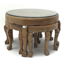  Chinese teak circular coffee table (D74cm, H50cm) and a matching  matching quartered coffee table (2)  