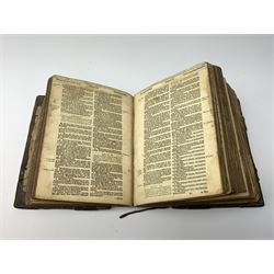 The Holy Bible, Containing the Old Testament and the New; Newly Translated out of the Originall Tongues ..., Imprinted at London by Bonham Norton and John Bill 1620. General and New Testament titles with woodcut border (New Testament title and colophon dated 1621), genealogies and double page map by J.S. (John Speed), Apochrypha present, bound with Two Right Profitable and Fruitfull Concordances .... Collected by R.F.H. Imprinted at London Bonham Norton and John Bill 1622, bound with The Whole Booke of Psalmes Collected into English Meeter by Thomas Sternehold, John Hopkins, and Others ..., printed for the Company of Stationers 1623. Full calf binding with bronze bosses.