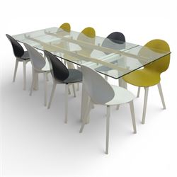 Calligaris - Connubia dining suite, comprising a 'Zeffiro' glass extending dining table and eight 'Academy' chairs, rectangular clear glass top with twin extension leaves extending to 220cm, mounted on white and ochre metal supports with central stretcher, together with eight matching moulded dining chairs with shaped seats and tapered legs