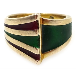  Gold red and green enamel ring, hallmarked 9ct  