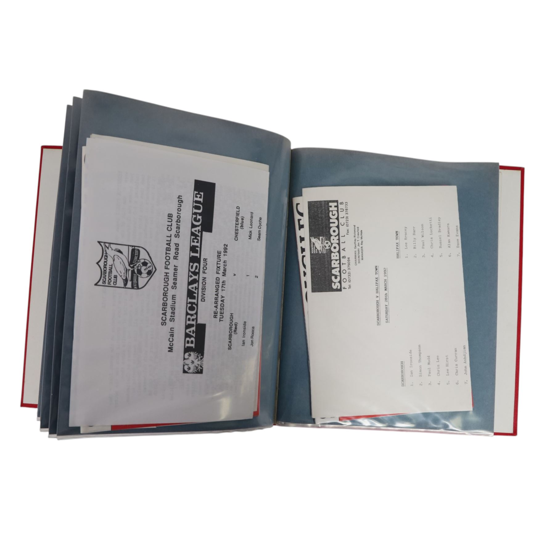 Comprehensive collection of approximately one hundred and seventy Scarborough FC football programmes for the 1990/91, 1991/92 and 1992/93  seasons, all filed within six dedicated Scarborough FC red Home and Away binders