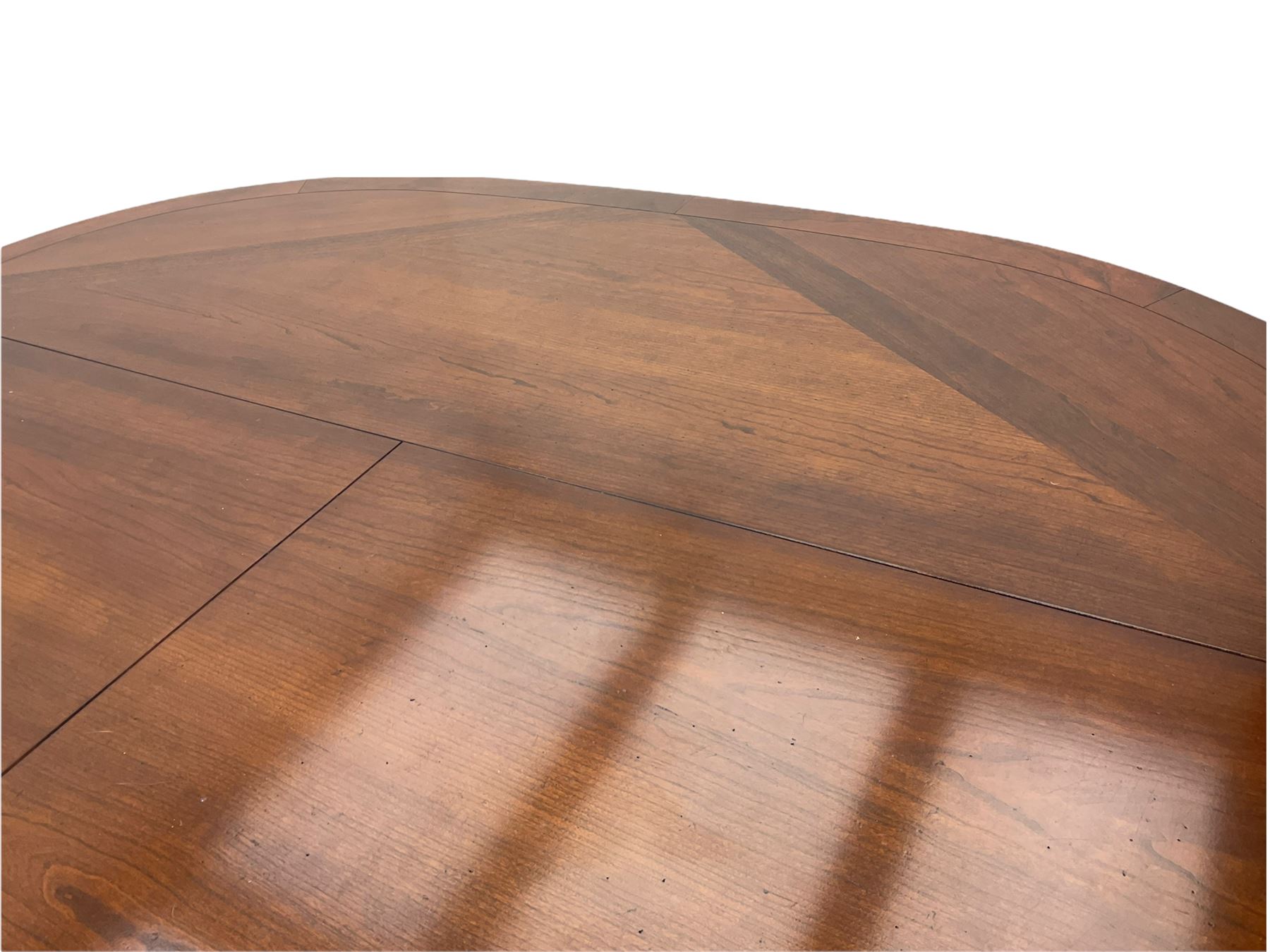 Grange Furniture - cherry wood finish oval extending dining table on square tapering supports, and a set of eight dining chairs with curved backs and upholstered seats 