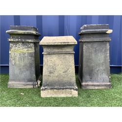 Three Victorian terracotta square tapered chimney pots, tallest height - 62cm - THIS LOT IS TO BE COLLECTED BY APPOINTMENT FROM DUGGLEBY STORAGE, GREAT HILL, EASTFIELD, SCARBOROUGH, YO11 3TX