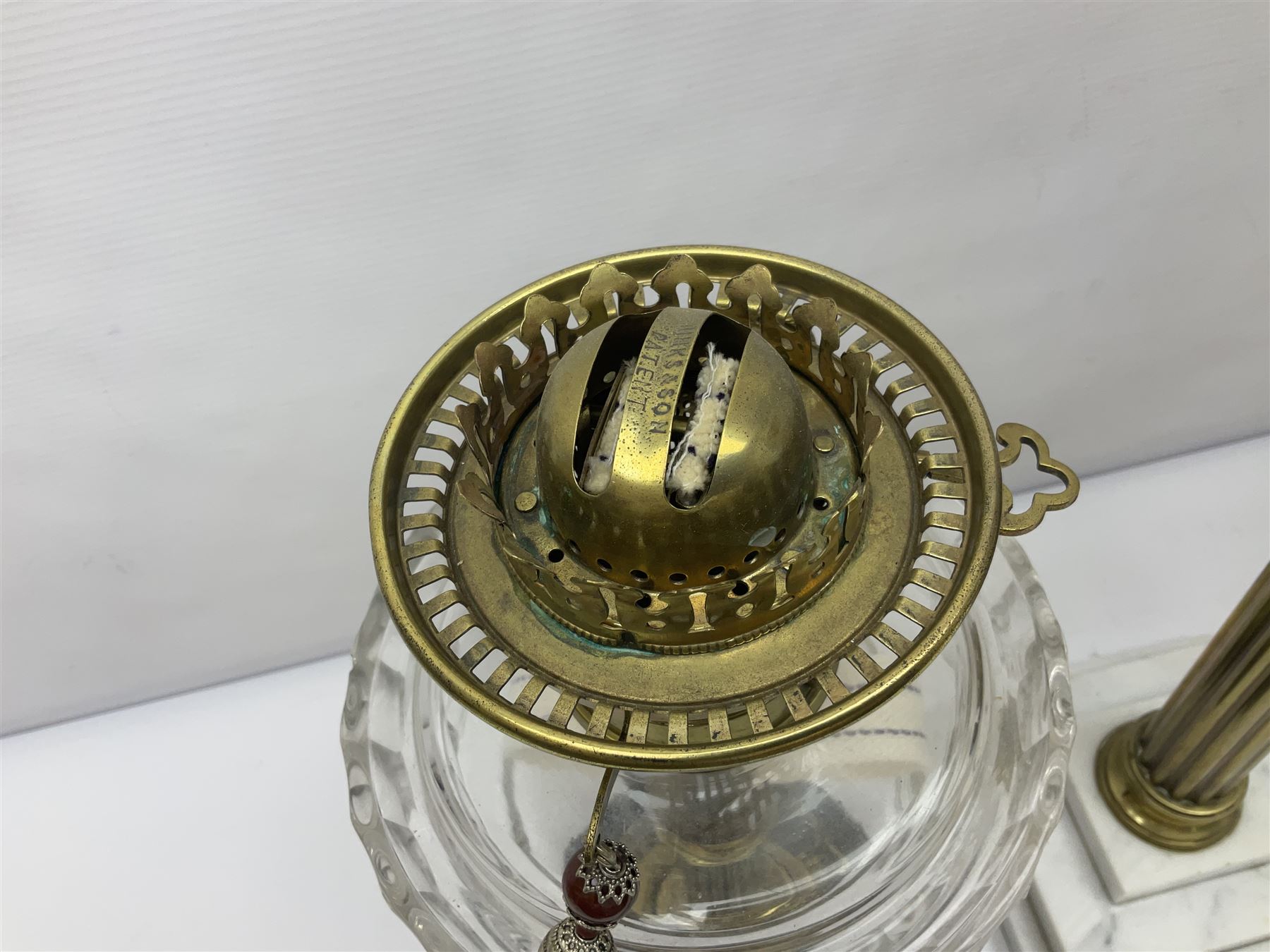 Brass Corinthian column oil lamp, upon stepped marble base, together three other brass table lamps, tallest H68cm