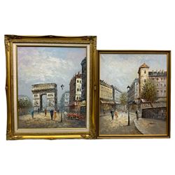 French School (20th century): Parisian Street Scene with Figures and Flower Market, pair oils on canvas signed 'Burnett' 60cm x 49cm(2)