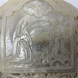 Mother of pearl nativity scene, together with mother of pearl box, shell and carved shell