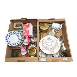 19th Century free blown writhen glass funnel, together with horse brasses, ceramics and other collectables, in two boxes  
