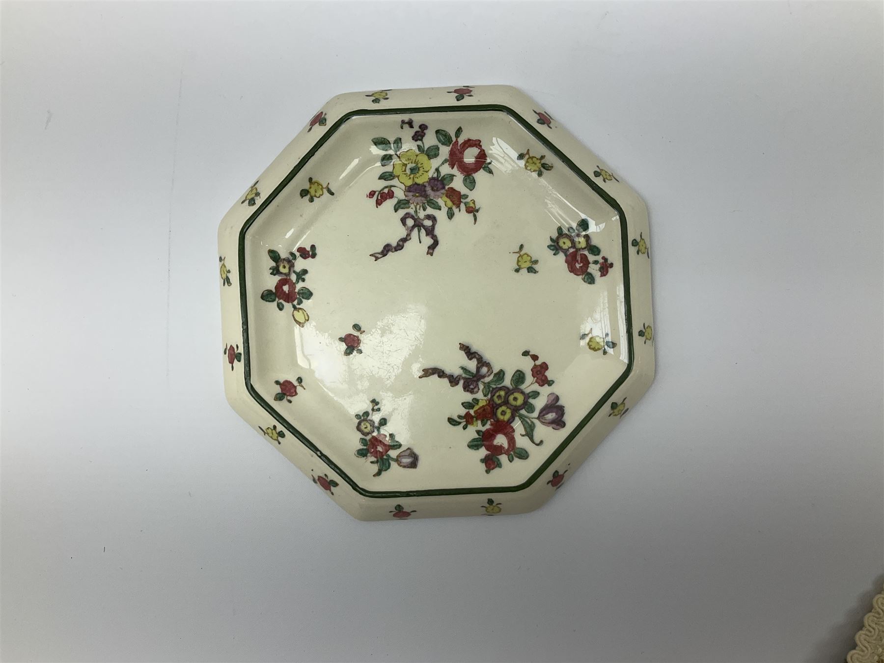 Royal Doulton part dinner service in Old Leeds Sprays pattern,  to include cheese dome, teapot and stand, egg cups etc, together with a selection of floral doilies.  