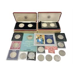 Coins including two King George VI 1951 Festival of Britain crowns each in green case, various other commemorative crowns, two Iceland '874-1974' two coin sets both in original red cases etc