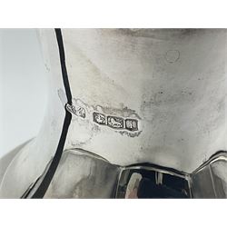 1920s five-piece silver tea service, comprising teapot, coffee pot, hot water pot, twin handled open sucrier and milk jug, each of squat circular form with shaped rim, the teapot, coffee pot and hot water pot each with ebonised handle and finial, the sucrier and milk jug with acanthus capped scroll handles, all upon circular foot, hallmarked R F Mosley & Co, Sheffield 1926 & 1927, tallest H24cm