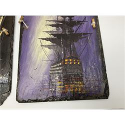 Michael J Whitehand (British 1941-): Three oil paintings of ships on slate signed, largest H40cm, L75cm