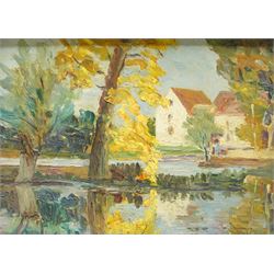 French School (Early-mid-20th century): Lakeside Manor with Figures, oil on panel unsigned...