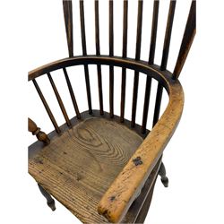 19th century elm and ash Windsor armchair, high stick and hoop back, turned supports joined by H stretcher 