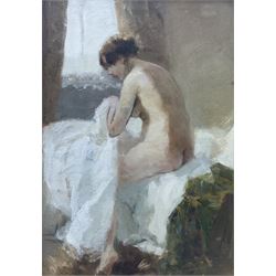 Continental School (19th/20th century): Female Nude getting out of Bed, oil on panel unsigned 32cm x 22cm