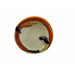 Lorna Bailey Old Ellgreave Pottery, comprising teapot in beach design, circular jar in house and path design, shell jug in Bridge and stream design, squat jug in Pagoda design and plate decorated with an Art Deco woman, all with printed and painted marks. 