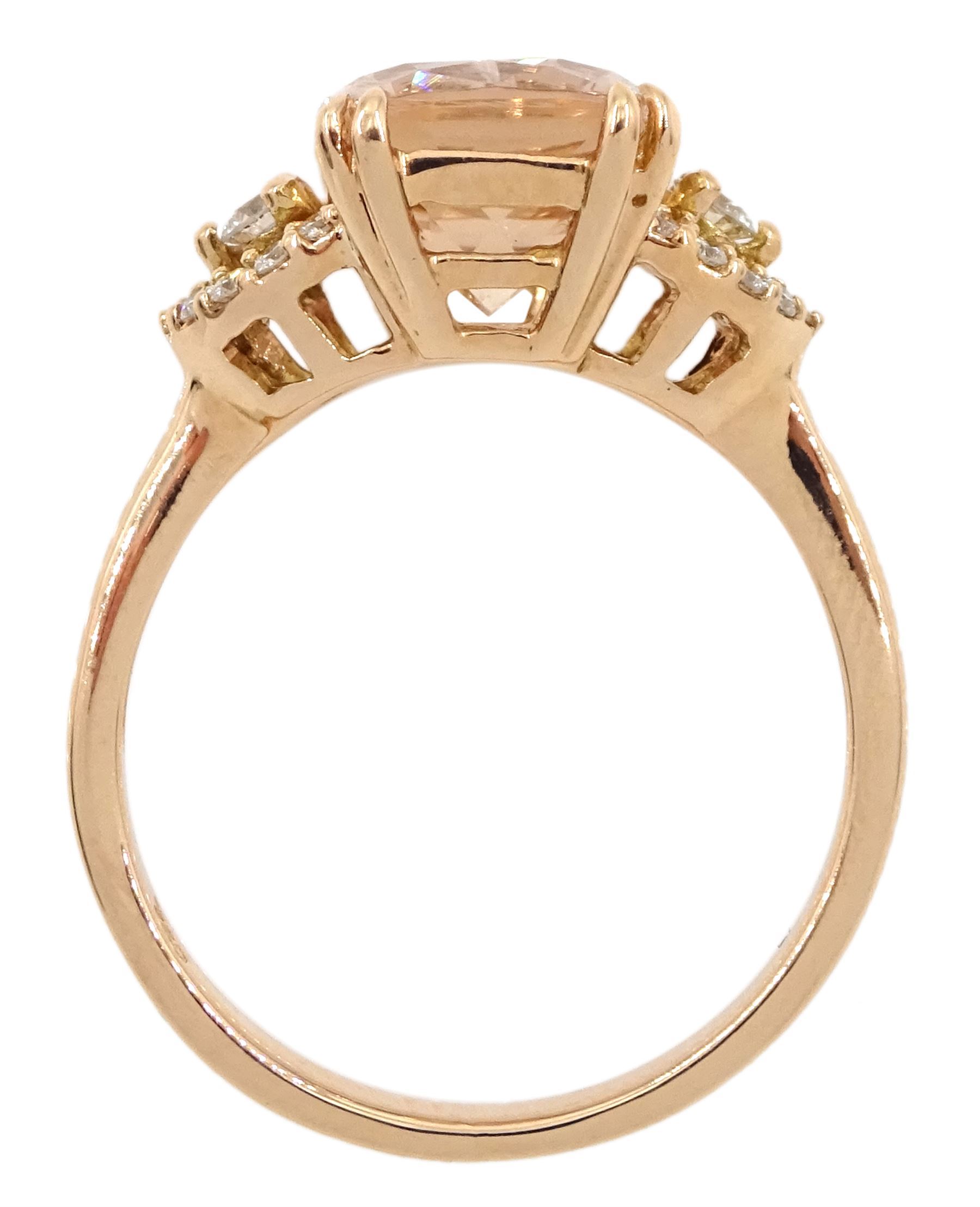 18ct rose gold radiant cut morganite and round brilliant cut diamond cluster ring, stamped 750, morganite approx 3.05 carat
