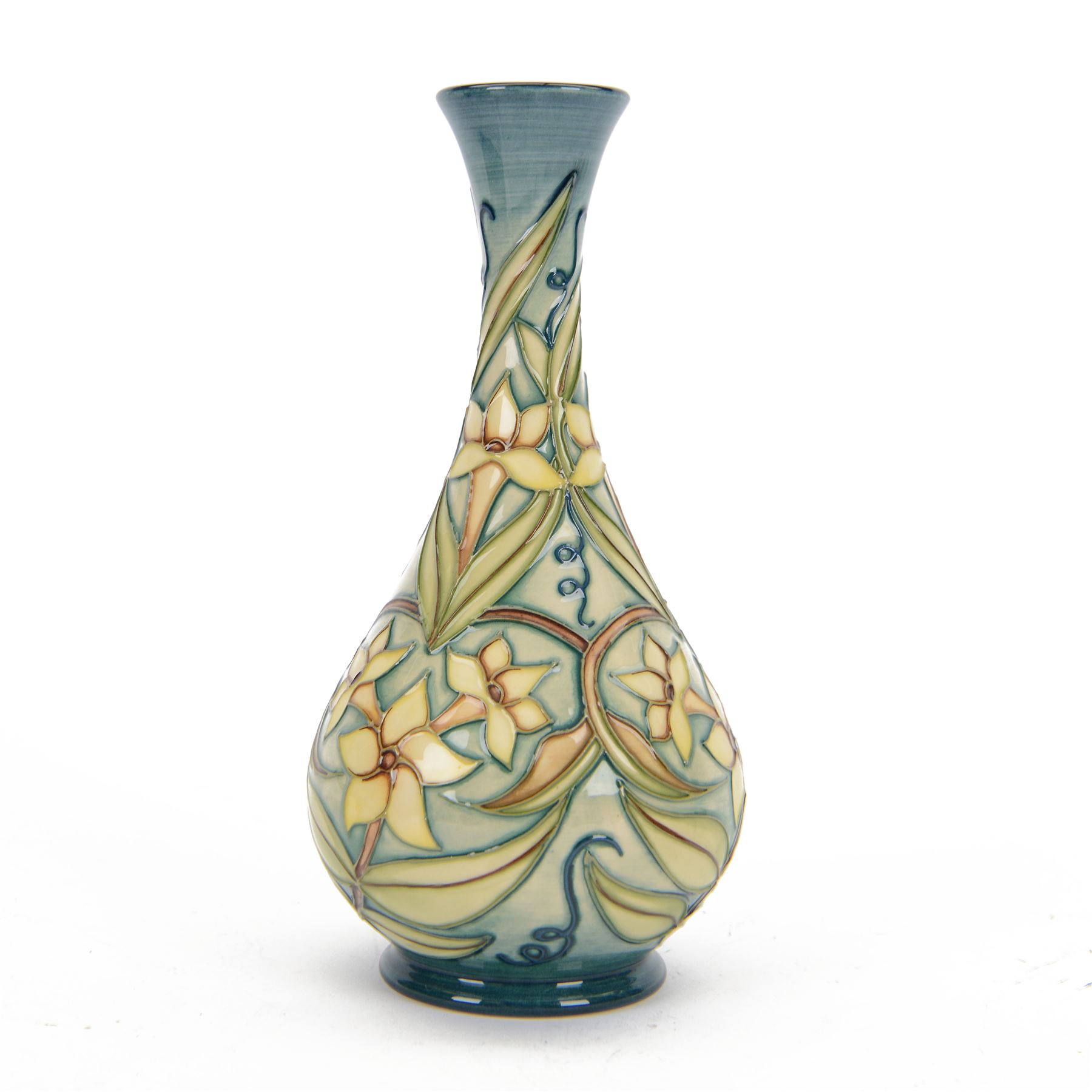 Moorcroft vase in Carousel Jasmine pattern, of baluster form with elongated neck, with printed mark beneath, in original box, H23cm