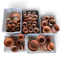 Large collection of vintage terracotta flowerpots of varying traditional forms and graduated sizes, including examples stamped Sankey’s Ltd, Bulwell, Notts and Hidcote, in five boxes