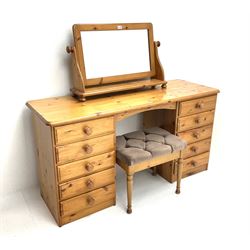 Pine twin pedestal dressing table, six drawer chest, cheval dressing mirror and blanket box