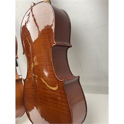 Modern Hungarian half-size cello with 69cm two-piece maple back and ribs and spruce top L114cm overall; and Stentor half size cello bearing label 'The Stentor Student II'; each in soft carrying case (2)