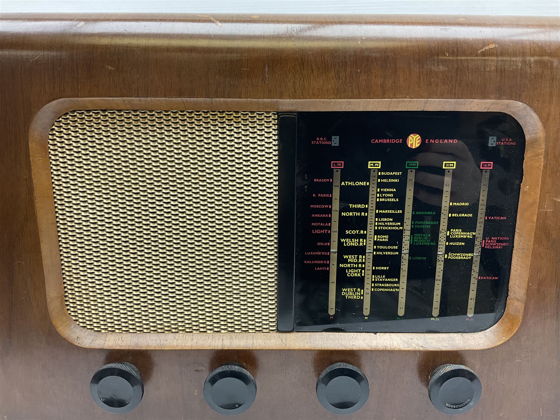 1950s Pye Type PE80 Cambridge International radio, W58cm H43cm D27cm, together with 1952 Pye Type P45 valve radio and 1940s Pye Type 15A radio (3)