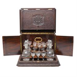Late 19th century cave à liqueur black forest style decanter box, with carved naturalistic...