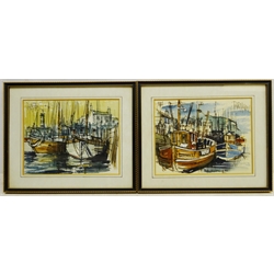  Whitby Fishing Boats Moored in Harbour, two watercolours signed by Roger Murray (British Contemporary), one also signed, titled and inscribed 'The Studio Robin Hoods Bay' verso 17cm x 22cm (2)  