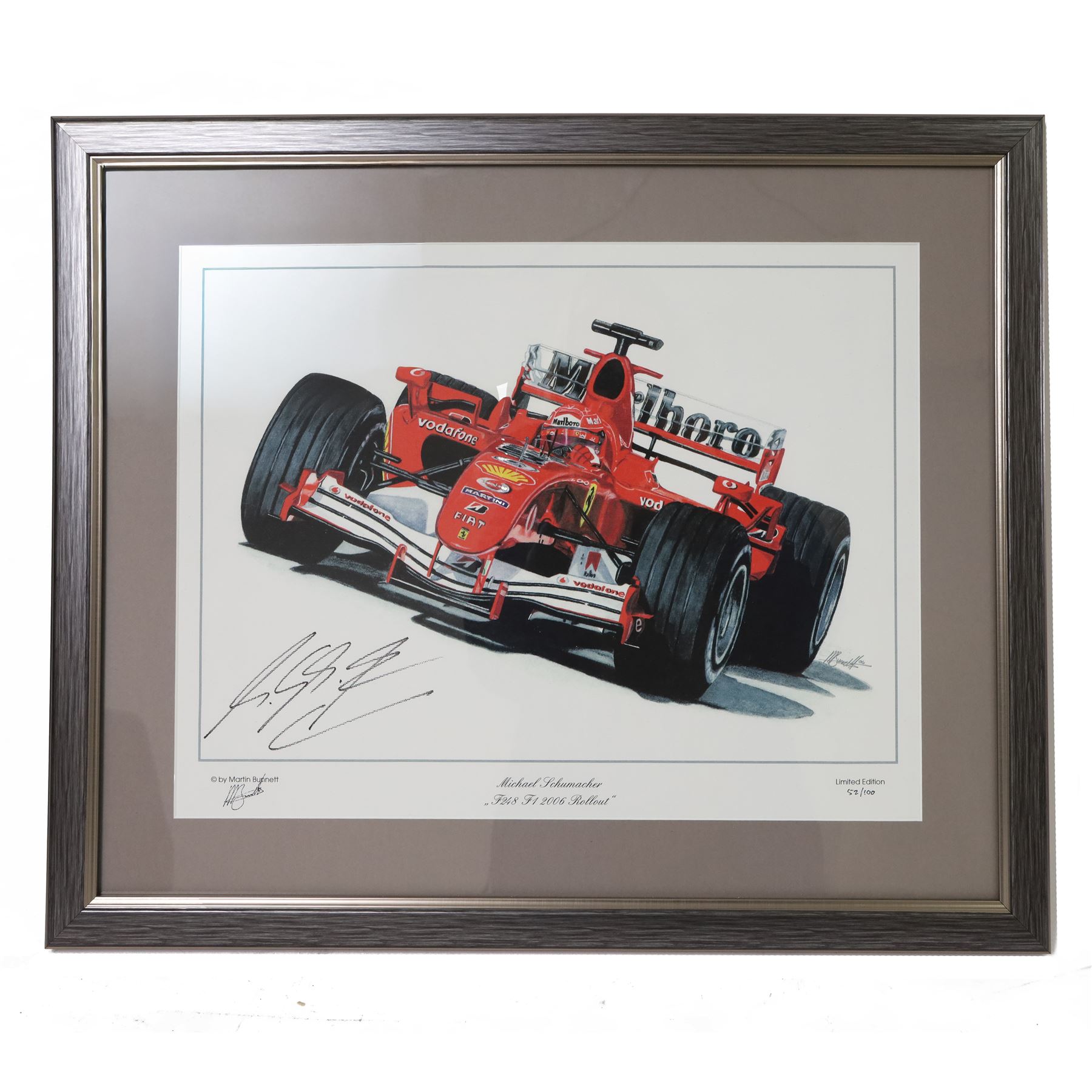 Limited edition Michael Schumacher signed canvas print by Martin Burnett, 'F248 F1 2006 Rollout', framed with certificate of authenticity, frame H48cm, W59cm