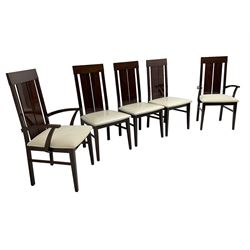 Large American walnut rectangular dining table on square block supports, together with set eight high back dining chairs with cream upholstered seats, the top and chair backs with matching inlaid geometric banding