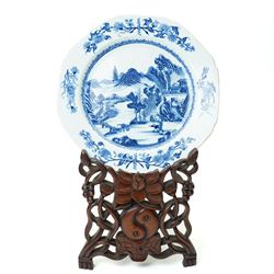 18th century Chinese plate of octagonal design decorated in blue and white with figures by...
