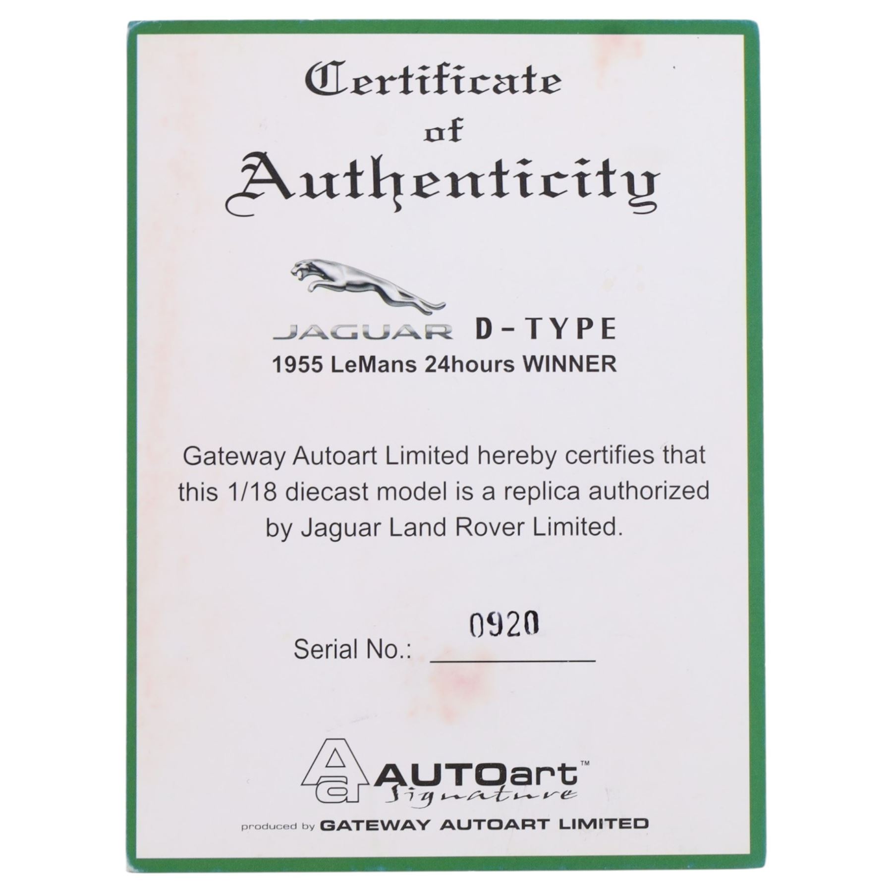 Autoart Signature Jaguar D-Type 1955 LeMans 24 Hours Winner, racing no. 6, boxed with certificate