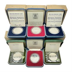 Six Queen Elizabeth II United Kingdom silver crown coins, comprising two 1972 'Silver Wedding', two 1977 'Silver Jubilee' and two 1981 'Commemorating The Marriage of His Royal Highness The Prince of Wales and Lady Diana Spencer', all cased with certificates 