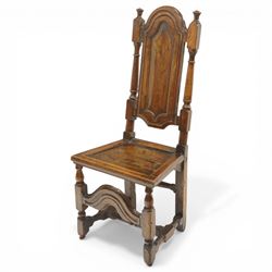 17th century oak and elm hall chair, the high-back with shield-shaped fielded panelling flanked by turned uprights, over a panelled seat, raised on turned supports united by H-stretcher with moulded serpentine front-stretcher