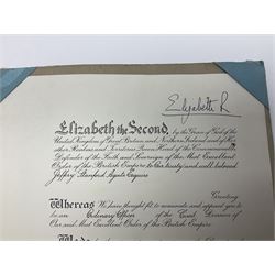 George VI Knight of the Garter cloth beret insignia with pin back and photograph of the Knight's Robes; Edmund Fellowes book on The Knights of the Garter 1348-1939; together with EIIR civilian OBE certificate to Jeffery Stanford Agate with facsimile signatures of Elizabeth II and Prince Philip