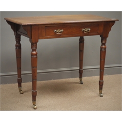  Edwardian walnut side table, single drawer, turned supports, W92cm, H73cm, D51cm  