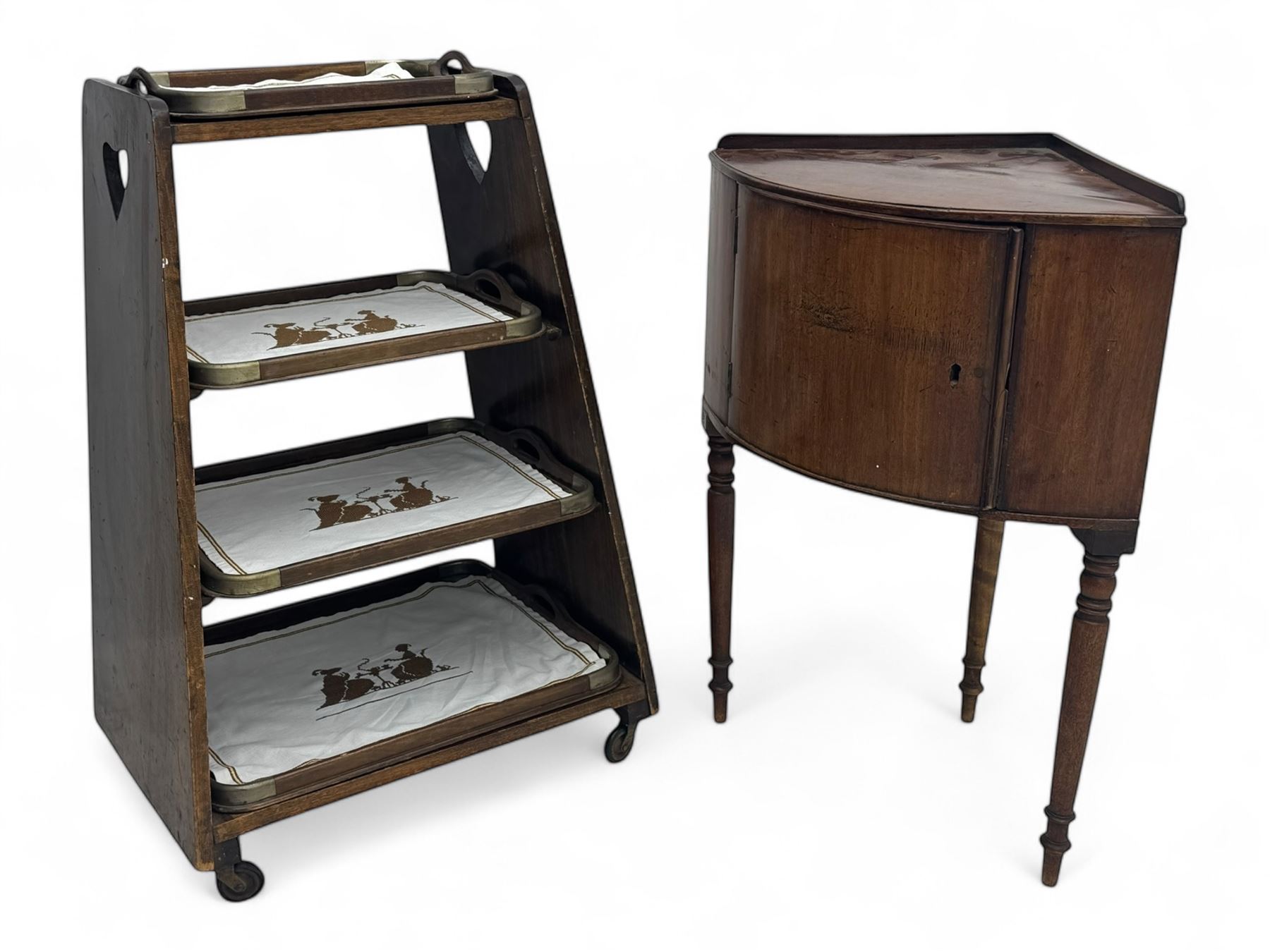 Mid-20th century mahogany four-tier serving tea trolley, heart-shaped cutout handles, on castors (H79cm, W55cm); Georgian mahogany corner washstand with single cupboard, raised on turned supports (H70cm, W54cm)