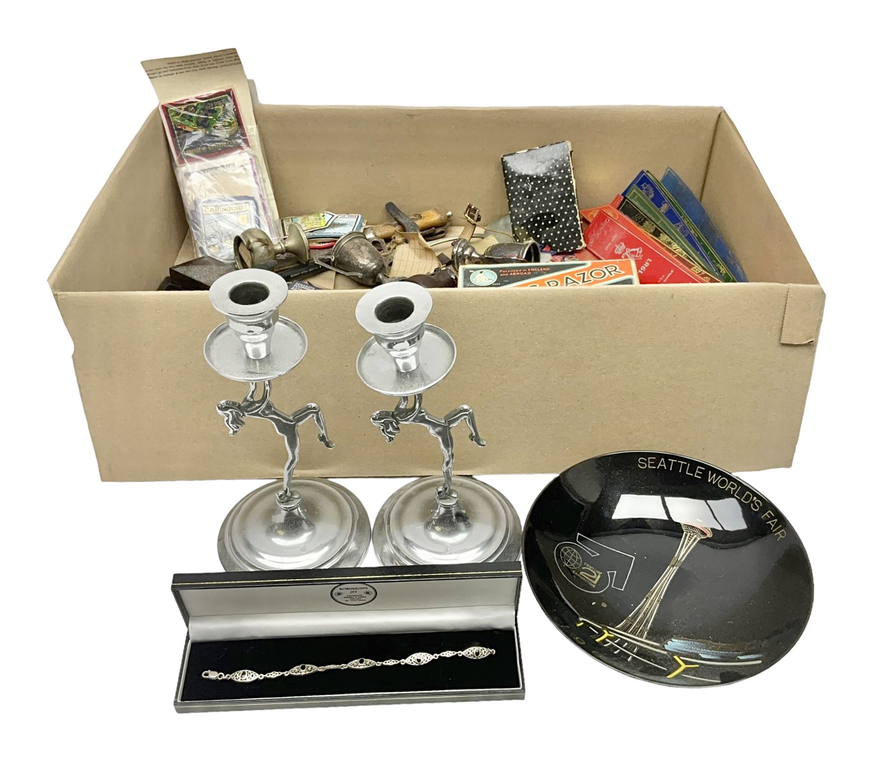 Silver Whitby jet bracelet, Parker Duofold fountain pen with 14ct gold nib, pair of chrome Art deco style candlesticks, wristwatches, costume jewellery and other collectables