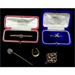  Victorian peridot and seed pearl bar brooch stamped 15ct, a 9ct gold seed pearl brooch both in original boxes, an amethyst gold pendant, 9ct gold horseshoe brooch and an onyx stick pin  