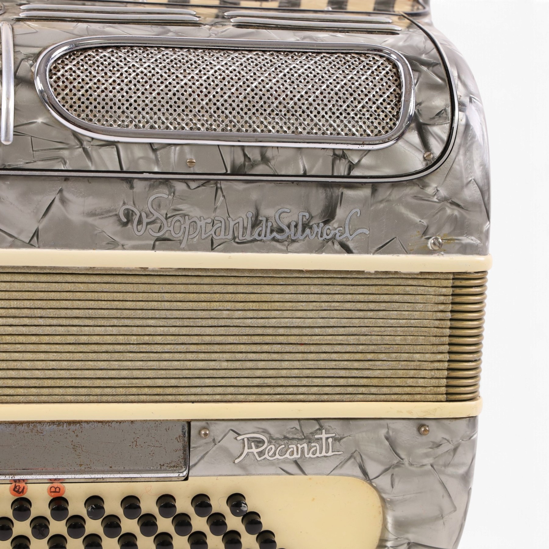 Recanati V Soprani Di Silvio Piano Accordion, 120 bass, with five tone selector keys, silvered pearloid case, with carry case